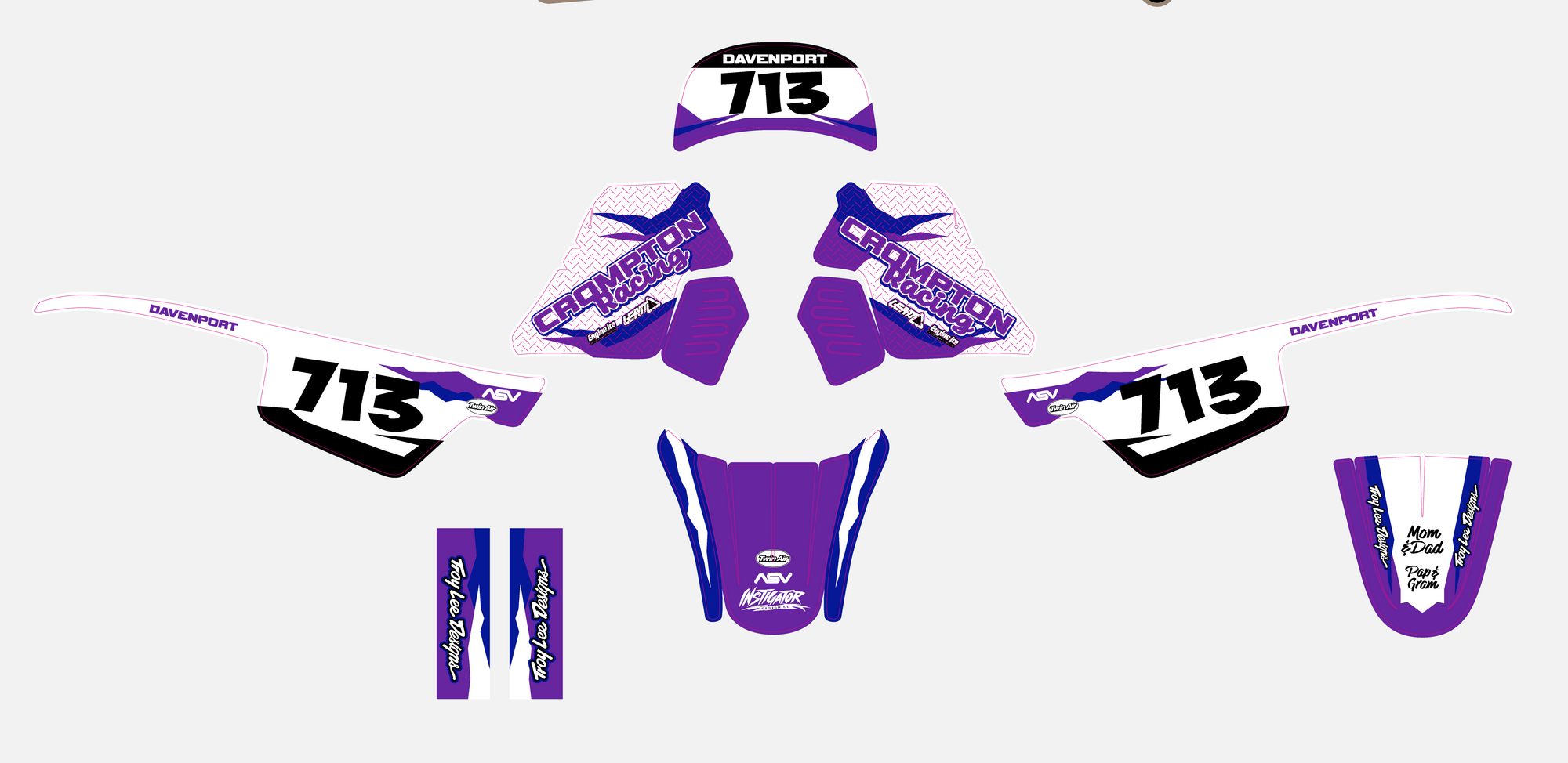 Purple and black graphics with 'Instigator Design Co' branding on a white background
